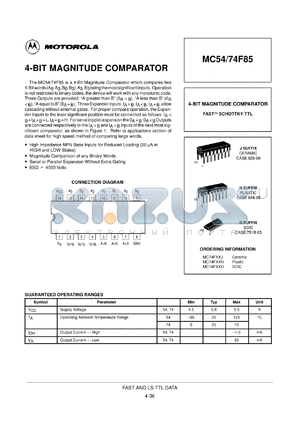 MC54F85N datasheet - 4-bit magnitude comparator