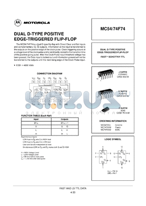 MC74F74J datasheet - Dual d-type positive edge-triggered flip-flop