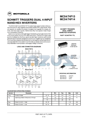 MC54F13J datasheet - Schmitt triggers dual 4-input nand/hex inverter