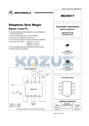 MC34017D datasheet - Telephone tone ringer