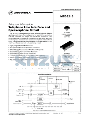 MC33215B datasheet - Telephone line interface and speakerphone circuit