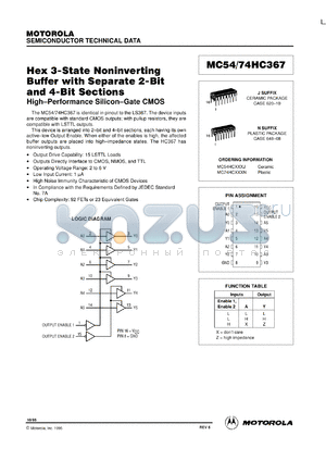 MC74HC367N datasheet - Hex 3-state noninverting buffer with separate 2-bit and 4-bit sections