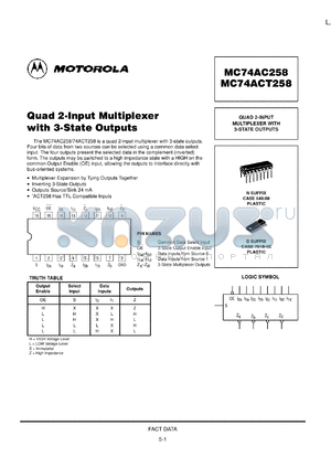 MC74ACT258N datasheet - Quad 2-input multiplexer with 3-state outputs