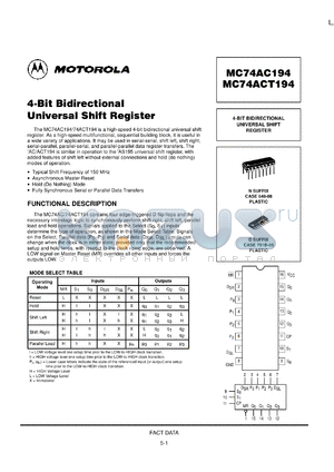 MC74ACT194N datasheet - 4-bit bidirectional universal shift register