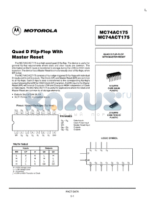 MC74ACT175D datasheet - Quad D flip-flop with master reset