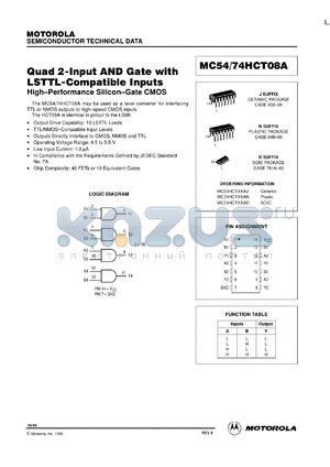 MC74HCT08AN datasheet - Quad 2-input and gate with LSTTL-compatible inputs