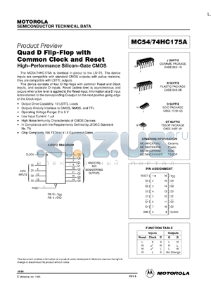 MC54HC175AJ datasheet - Quad D flip-flop with common clock and reset