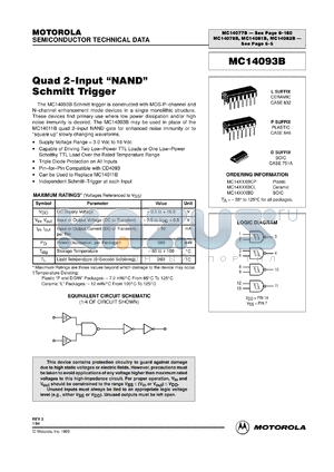 MC14093BCL datasheet - Quad 2-intput NAND schmitt trigger