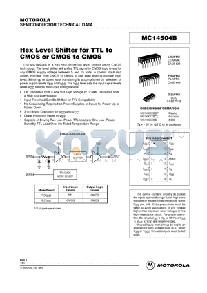 MC14504BCL datasheet - Hex level shifter for TTL to CMOS or CMOS to CMOS