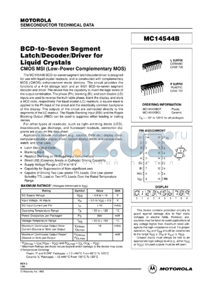 MC14544BCP datasheet - BCD-to-seven segment latch/decoder/driver for liquid crystals