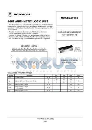 MC74F181N datasheet - 4-bit arithmetic logic unit