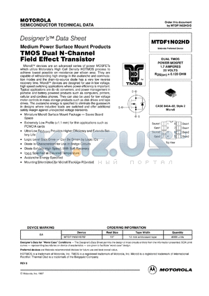 MTDF1N02HDR2 datasheet - TMOS dual N-channel field effect transistor
