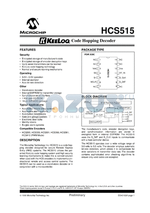 HCS515-/P datasheet - Keeloq code hopping decoder