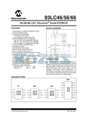 93LC56-/SL datasheet - 2K 2.0V microwire EEPROM