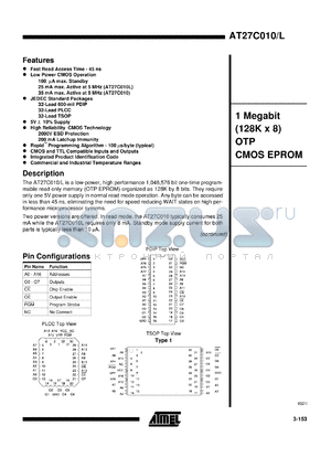 AT27C010-45PC datasheet - 1Megabit(128K x 8) OTP CMOS EPROM,35mA max