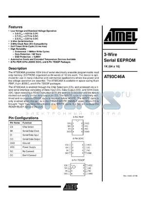 AT93C46A-10PS-2.7 datasheet - 3-wire serial EEPROM 1K(64 x 16)