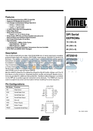 AT25020-10SI datasheet - SPI serial EEPROM 2K(256 x 8), 2100kHz
