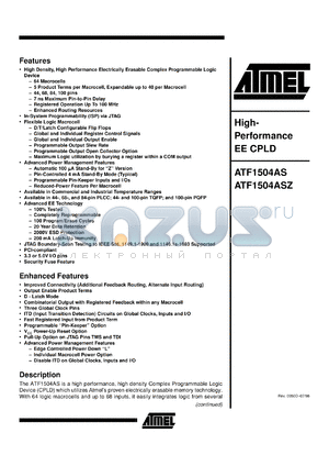 ATF1504ASZ-25JI44 datasheet - High-performance EE CPLD, 70 MHz