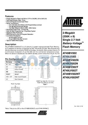 AT49BV002-90VI datasheet - 2-Megabit (256K x 8) single 2.7-volt Battery-Voltage flash memory, 50mA active, 0.3mA standby