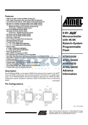 AT90S4434-8PC datasheet - 8-Bit microcontroller with 4K bytes in-system programmable flash, 4.0-6.0V pover supply, 8MHz speed