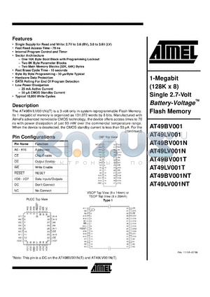 AT49BV001-12JI datasheet - 1-Megabit (128K x 8) single 2.7-volt Battery-Voltage flash memory, 50 mA active, 0.3mA standby, 2.7V to 3.6V