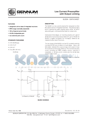 GL504 datasheet - Low current preamplifier with output limiting