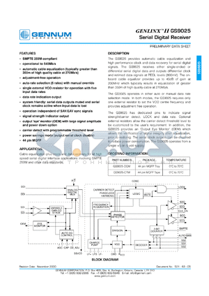 GS9025-CQM datasheet - GENLINX II serial digital receiver