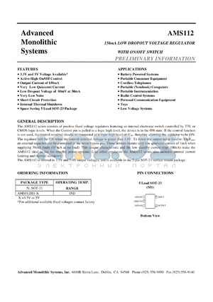 AMS112M1-5.0 datasheet - 5.0V 150mA low dropout voltage regulator with on/off switch