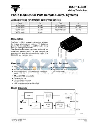 TSOP1133SB1 datasheet - Photo module for PCM remote control systems, 33kHz