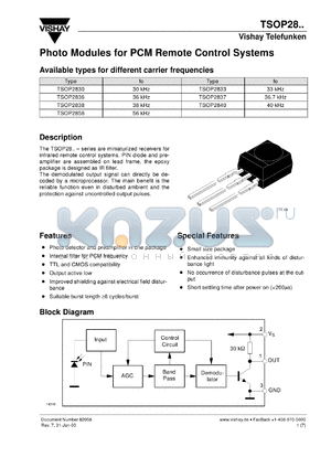 TSOP2830 datasheet - Photo module for PCM remote control systems, 30kHz