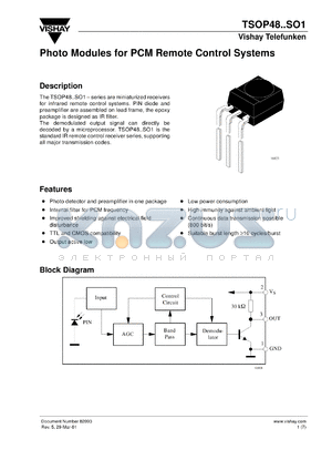 TSOP4830SO1 datasheet - Photo module for PCM remote control systems, 30kHz