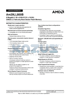 AM29LS800BS-170EIB datasheet - 8 megabit CMOS 1.8 volt-only flash memory