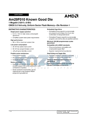 AM29F010B-90DPC1 datasheet - 1 megabit CMOS 5.0 volt-only, uniform sector flash memory- die revision 1