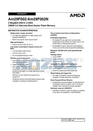 AM29F002T-70PJC datasheet - 2 megabit CMOS 5.0 volt-only boot sector flash memory