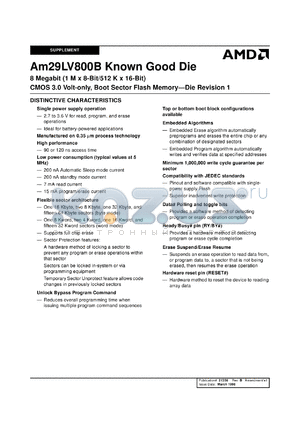 AM29LV800BB120DT5C1 datasheet - 8 megabit CMOS 3.0 volt-only boot sector flash memory- die revision 1