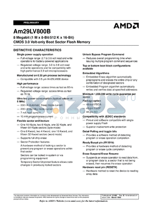 AM29LV800BT90WCEB datasheet - 8 megabit CMOS 3.0 volt-only boot sector flash memory- die revision 1