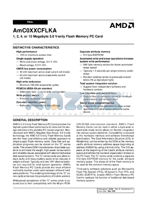 AMC001CFLKA-150 datasheet - 1,2,4 or 10 megabyte 5.0 volt-only flash memory PC card