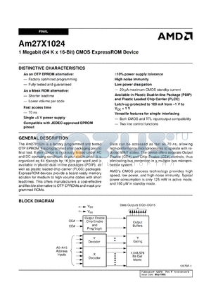 AM27X1024-70JI datasheet - 1 megabit (64K x 16-bit ) CMOS EPROM device