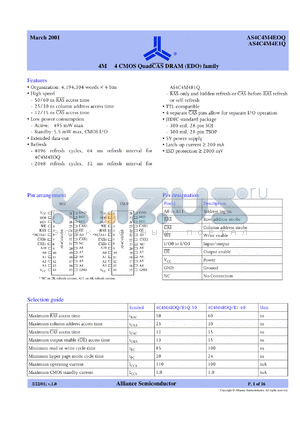 AS4C4M4E1Q-50JC datasheet - 4M x 4 CM0S QuadCAS DRAM (EDO) family, 60ns RAS access time