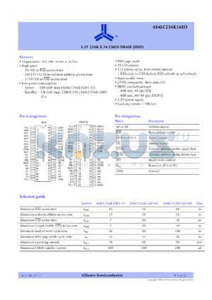 AS4LC256K16E0-45TC datasheet - 3.3V 256K x 16 CM0S DRAM (EDO), 45ns RAS access time