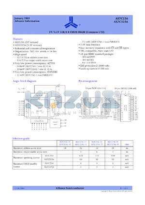 AS7C356-15TC datasheet - 3.3V 32K x 8 CM0S SRAM (common I/O), 15ns access time