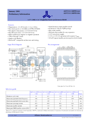 AS7C33128PFS18A-166TQC datasheet - 3.3V 128K x 18 pipeline burst synchronous SRAM, clock speed - 166 MHz