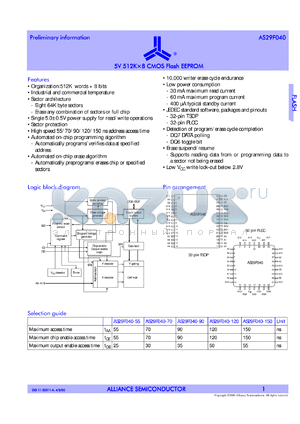 AS29F040-150TI datasheet - 5V 512K x 8 CMOS flash EEPROM, access time 150ns