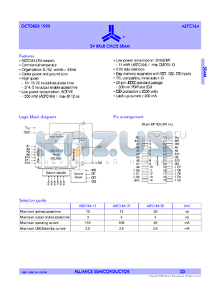 AS7C164-20PC datasheet - 5V 8K x 8 CMOS SRAM, 20 ns access time