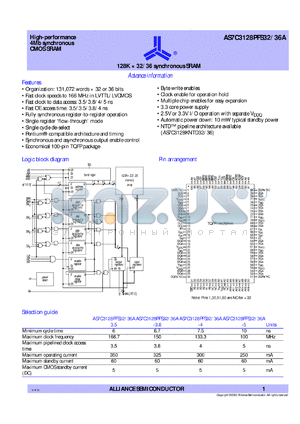 AS7C3128PFS36A-3.8TQC datasheet - 128K x 36 synchronous SRAM, 150 MHz