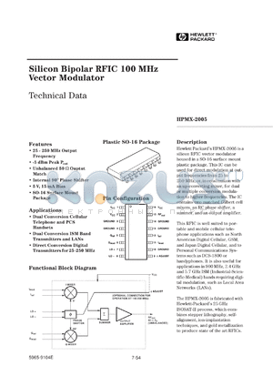HPMX-2005-T10 datasheet - Silicon bipolar RFIC 100 MGz vector modulator