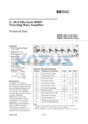 HMMC-5021DC datasheet - 2-22GHz GaAs MMIC traveling wave amplifier