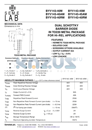 BYV143-45M datasheet - 45V, 2x26A Dual Schottky common cathode Rectifier diode