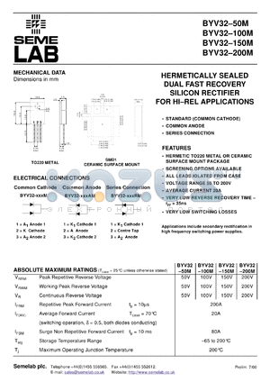 BYV32-100SMD datasheet - 100V, 2x10A Dual Fast Recovery common cathode Rectifier diode