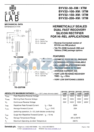 BYV32-200XM datasheet - 200V, 2x10A Dual Fast Recovery common cathode Rectifier diode